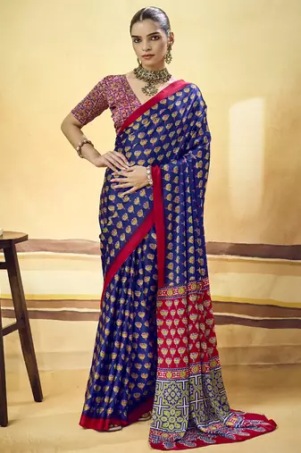 Navy blue satin ajrakh printed casual wear saree