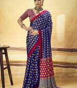 Navy blue satin ajrakh printed casual wear saree
