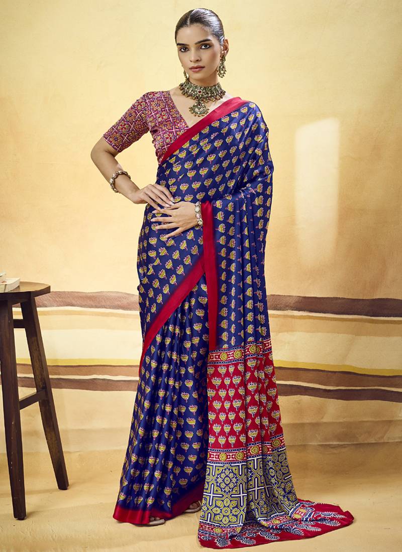 Navy blue satin ajrakh printed casual wear saree
