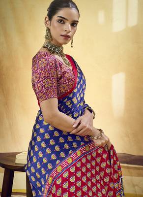 Navy blue satin ajrakh printed casual wear saree 2