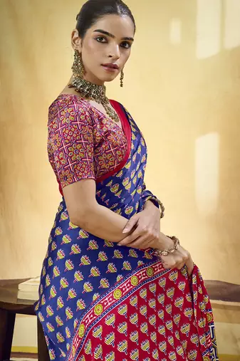 Navy blue satin ajrakh printed casual wear saree