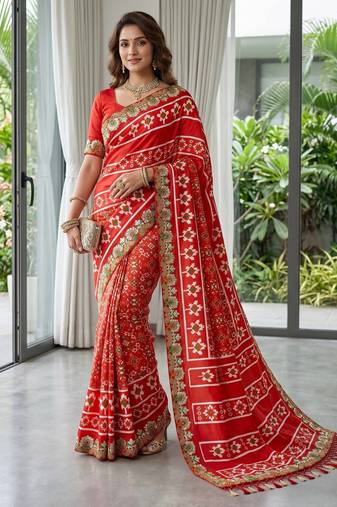Red Color Beautiful 3Mm & 5Mm Sequins And Jari Dori Embroidered Lace Border Silk Blend Saree