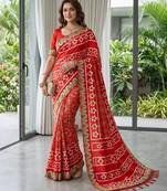 Red Color Beautiful 3Mm & 5Mm Sequins And Jari Dori Embroidered Lace Border Silk Blend Saree