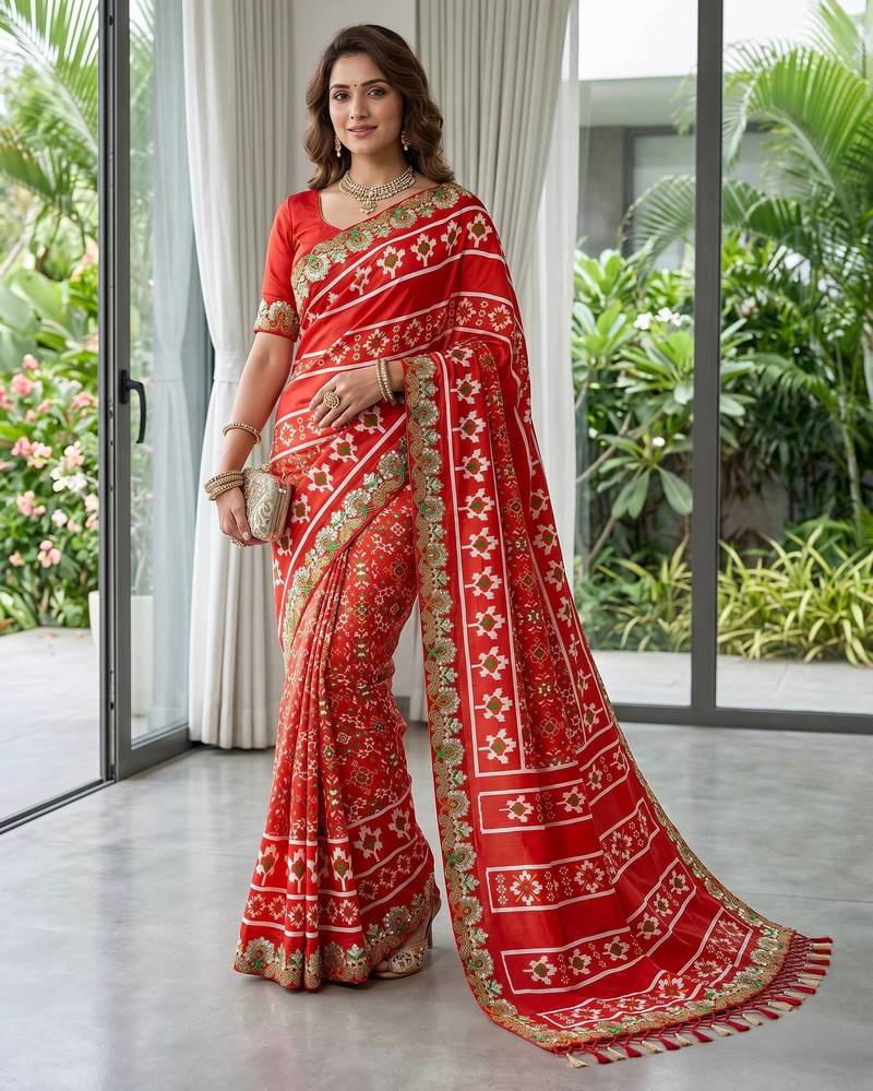 Red Color Beautiful 3Mm & 5Mm Sequins And Jari Dori Embroidered Lace Border Silk Blend Saree
