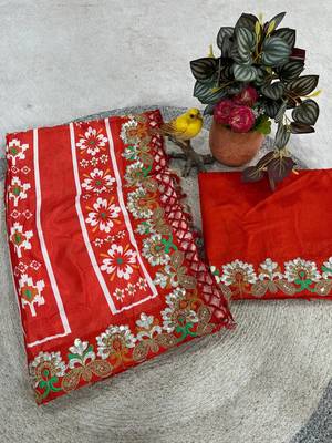 Red Color Beautiful 3Mm & 5Mm Sequins And Jari Dori Embroidered Lace Border Silk Blend Saree 5