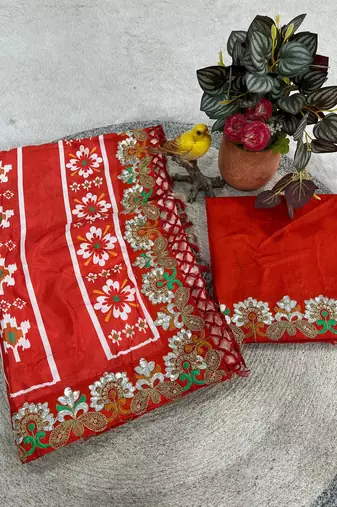 Red Color Beautiful 3Mm & 5Mm Sequins And Jari Dori Embroidered Lace Border Silk Blend Saree