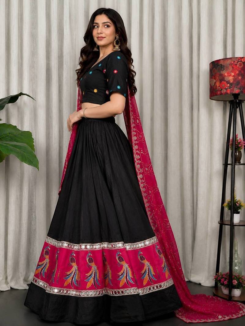 Black Embroidery sequin and foil mirar Vichitra silk blend Lahenga choli Set