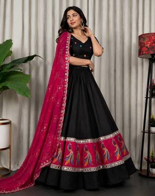 Black Embroidery sequin and foil mirar Vichitra silk blend Lahenga choli Set 4