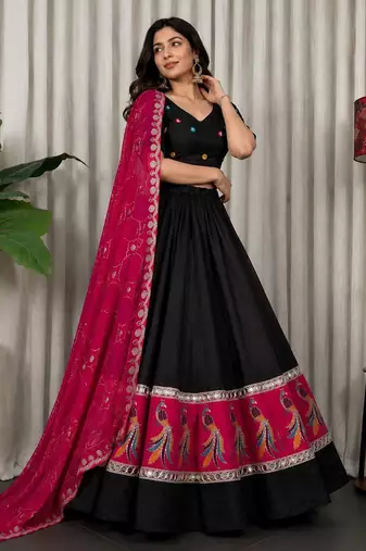 Black Embroidery sequin and foil mirar Vichitra silk blend Lahenga choli Set