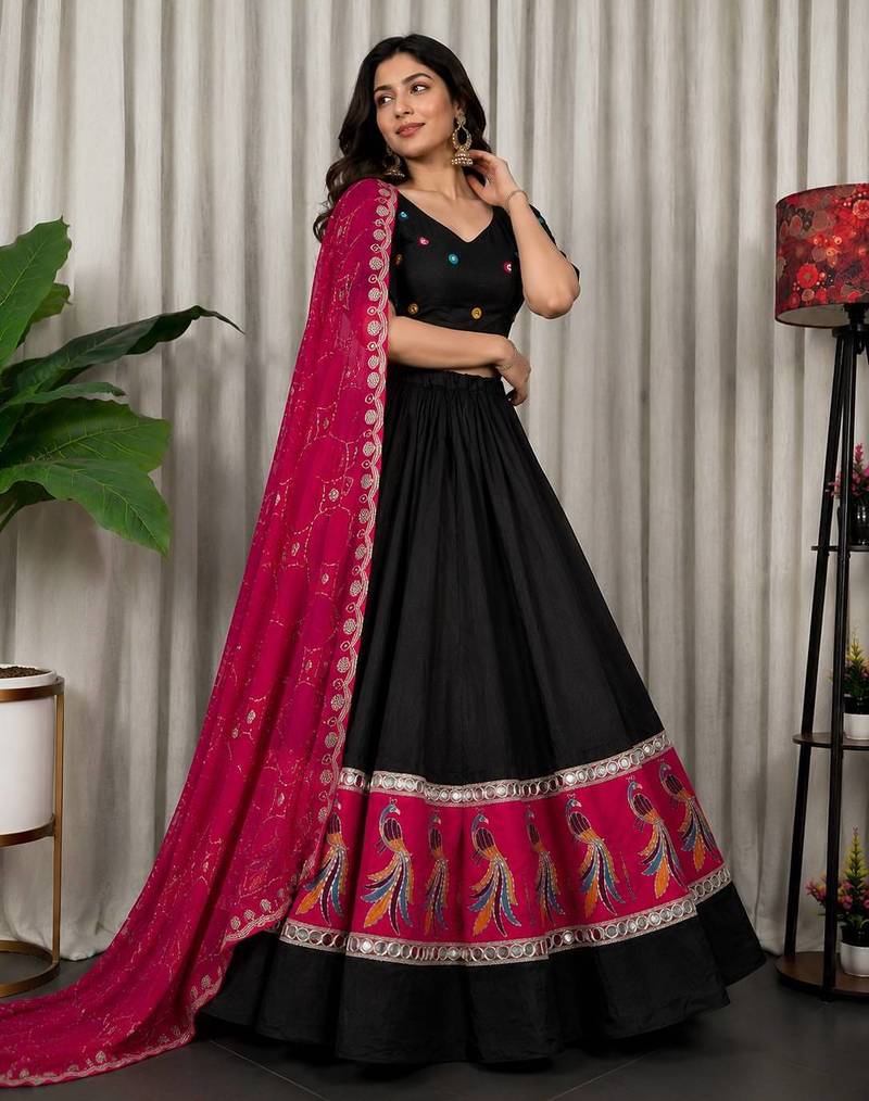 Black Embroidery sequin and foil mirar Vichitra silk blend Lahenga choli Set