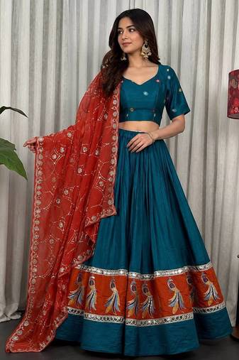 Morpich Embroidery sequin and foil mirar Vichitra silk blend Lahenga choli Set