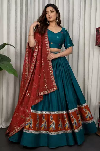 Morpich Embroidery sequin and foil mirar Vichitra silk blend Lahenga choli Set