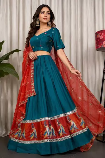 Morpich Embroidery sequin and foil mirar Vichitra silk blend Lahenga choli Set