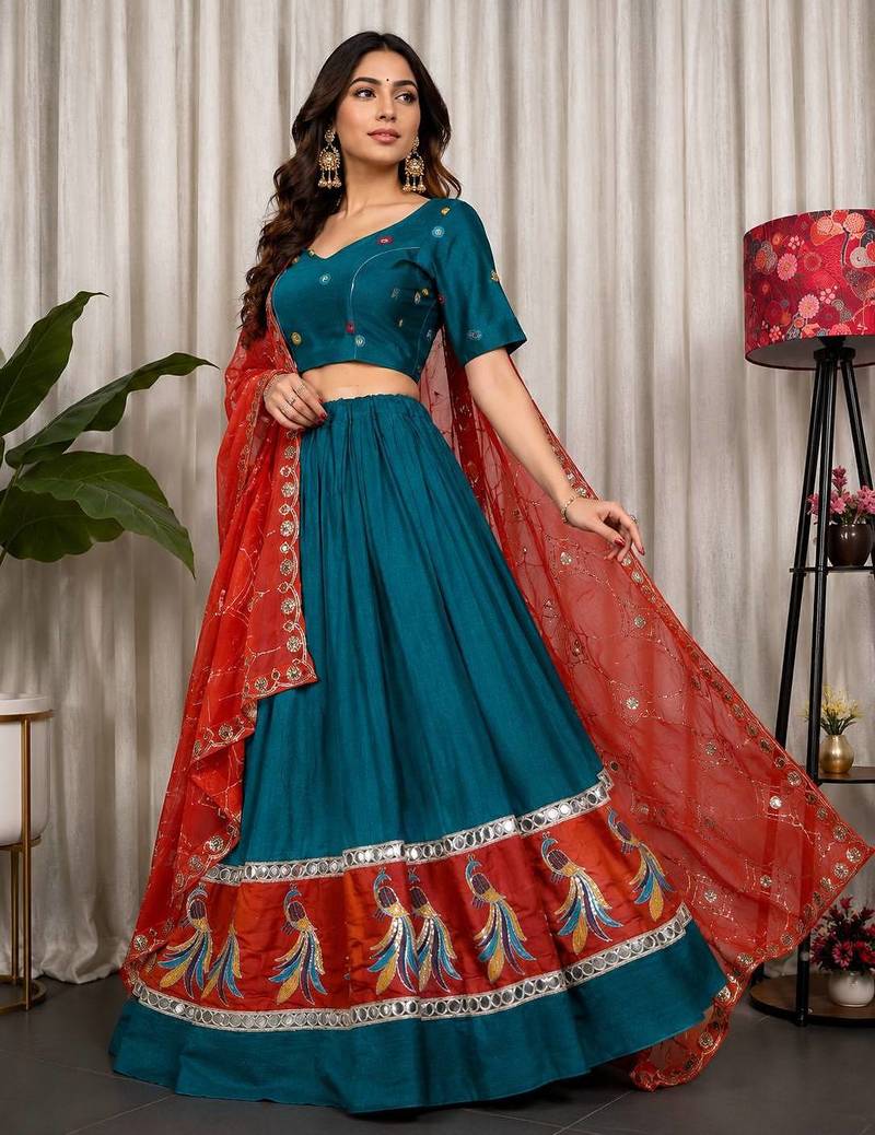 Morpich Embroidery sequin and foil mirar Vichitra silk blend Lahenga choli Set
