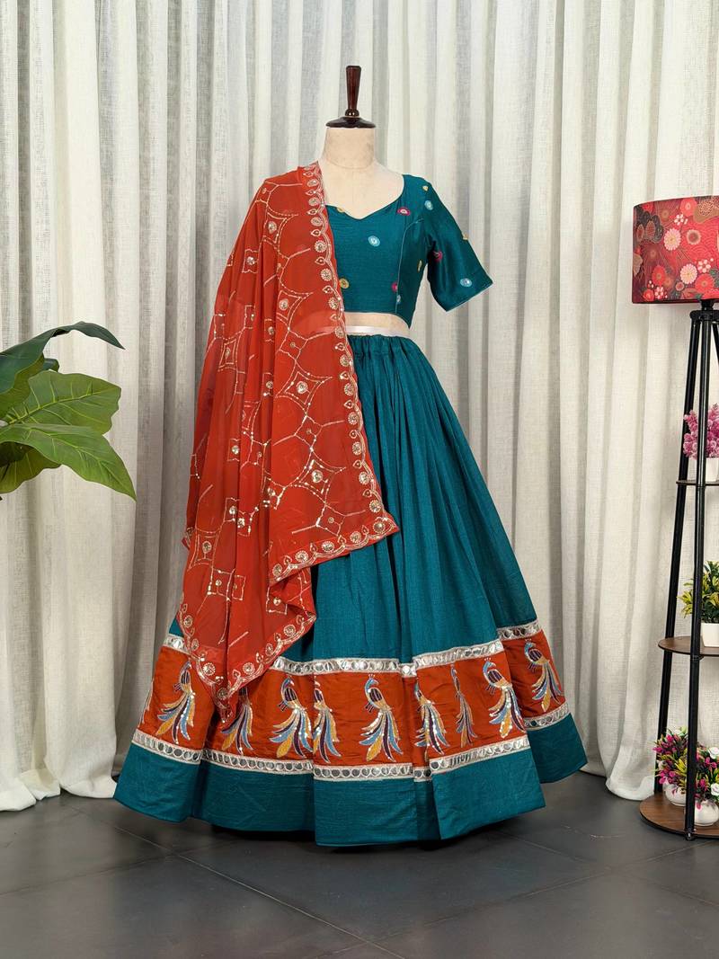 Morpich Embroidery sequin and foil mirar Vichitra silk blend Lahenga choli Set
