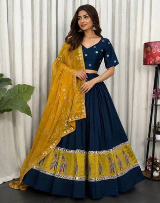 Navy Blue Embroidery sequin and foil mirar Vichitra silk blend Lahenga choli Set 1