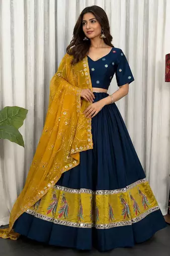 Navy Blue Embroidery sequin and foil mirar Vichitra silk blend Lahenga choli Set