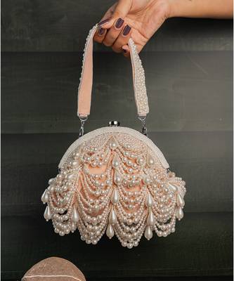 Pink pearl beaded suede clutch 1