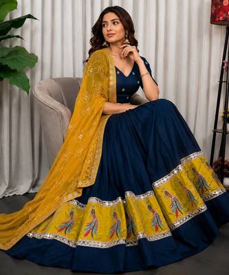 Navy Blue Embroidery sequin and foil mirar Vichitra silk blend Lahenga choli Set 2
