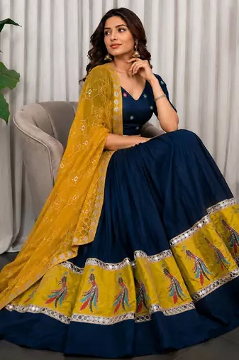 Navy Blue Embroidery sequin and foil mirar Vichitra silk blend Lahenga choli Set