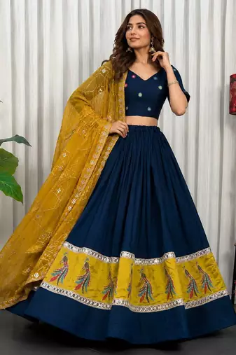 Navy Blue Embroidery sequin and foil mirar Vichitra silk blend Lahenga choli Set