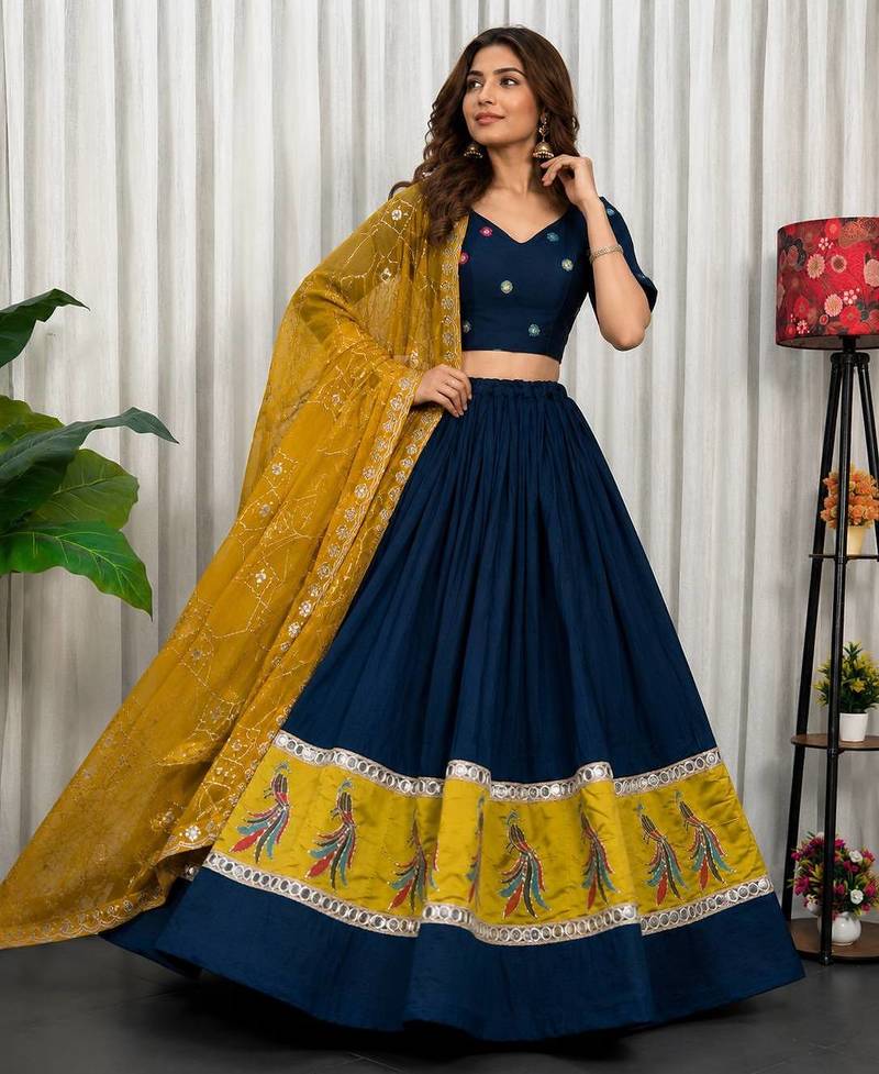 Navy Blue Embroidery sequin and foil mirar Vichitra silk blend Lahenga choli Set