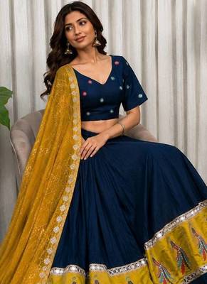 Navy Blue Embroidery sequin and foil mirar Vichitra silk blend Lahenga choli Set 4