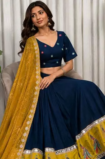 Navy Blue Embroidery sequin and foil mirar Vichitra silk blend Lahenga choli Set