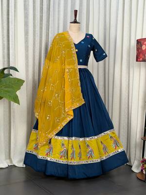 Navy Blue Embroidery sequin and foil mirar Vichitra silk blend Lahenga choli Set 5