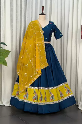 Navy Blue Embroidery sequin and foil mirar Vichitra silk blend Lahenga choli Set