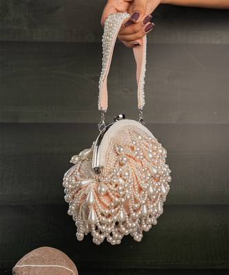 Pink pearl beaded suede clutch 2