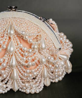 Pink pearl beaded suede clutch 3