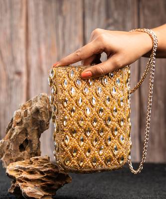 Gold kundan beaded embroidered silk pouch 1