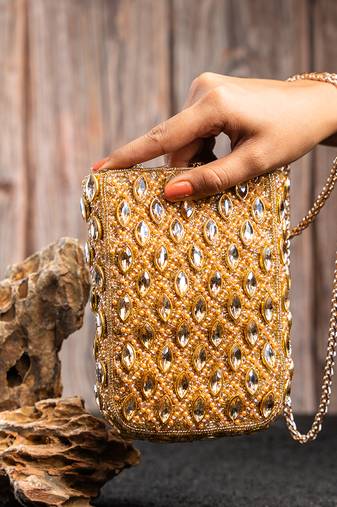 Gold kundan beaded embroidered silk pouch