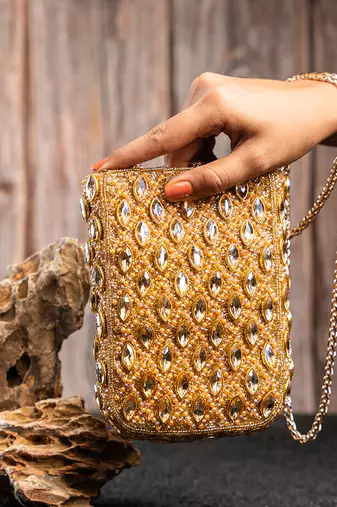Gold kundan beaded embroidered silk pouch