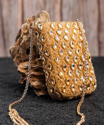 Gold kundan beaded embroidered silk pouch 2