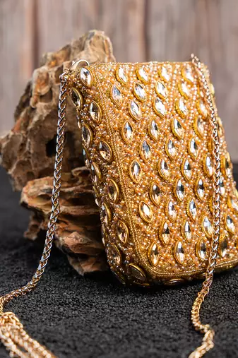 Gold kundan beaded embroidered silk pouch