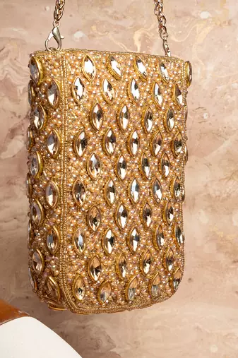 Gold kundan beaded embroidered silk pouch