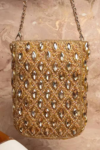 Gold kundan beaded embroidered silk pouch