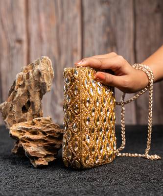 Gold kundan beaded embroidered silk pouch 5