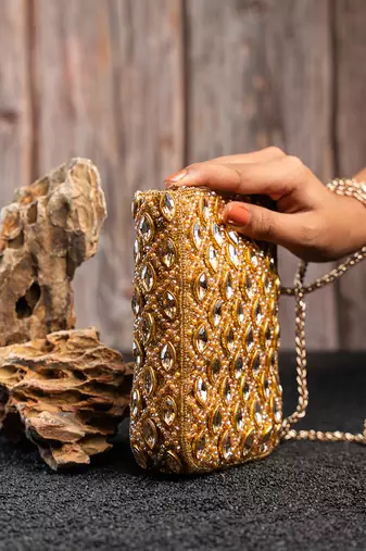 Gold kundan beaded embroidered silk pouch