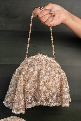 Gold beige thread embroidered silk clutch