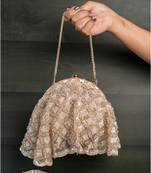 Gold beige thread embroidered silk clutch