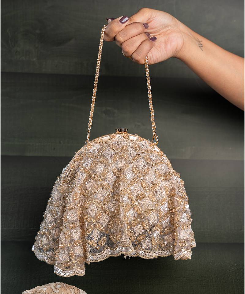 Gold beige thread embroidered silk clutch