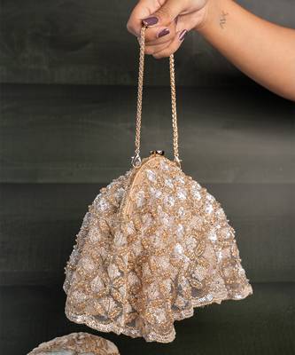 Gold beige thread embroidered silk clutch 2