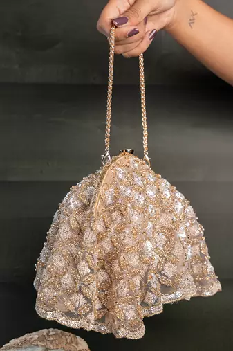 Gold beige thread embroidered silk clutch