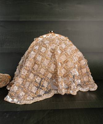 Gold beige thread embroidered silk clutch 4