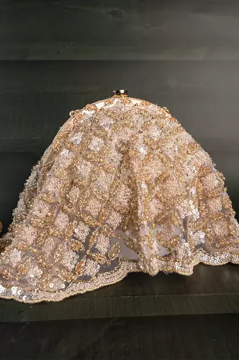 Gold beige thread embroidered silk clutch