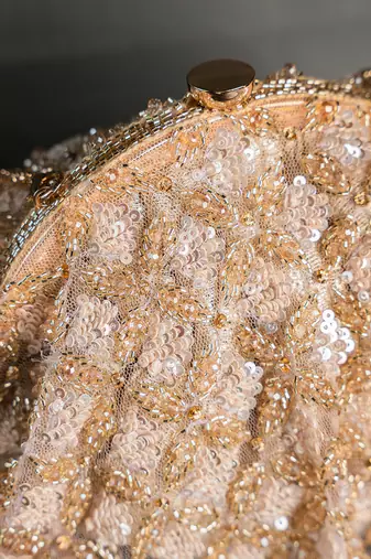 Gold beige thread embroidered silk clutch