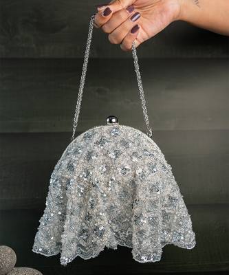 Silver thread embroidered silk clutch 1